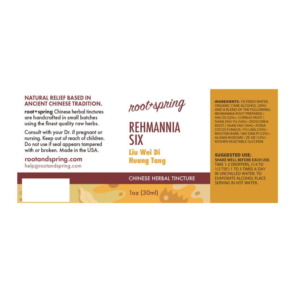 Image of Rehmannia-Six label with ingredients, suggested use, directions, and precautions.