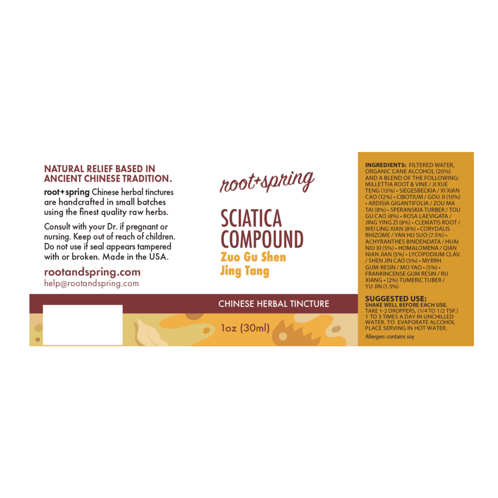 Image of Sciatica-Complound label with ingredients, suggested use, directions, and precautions.