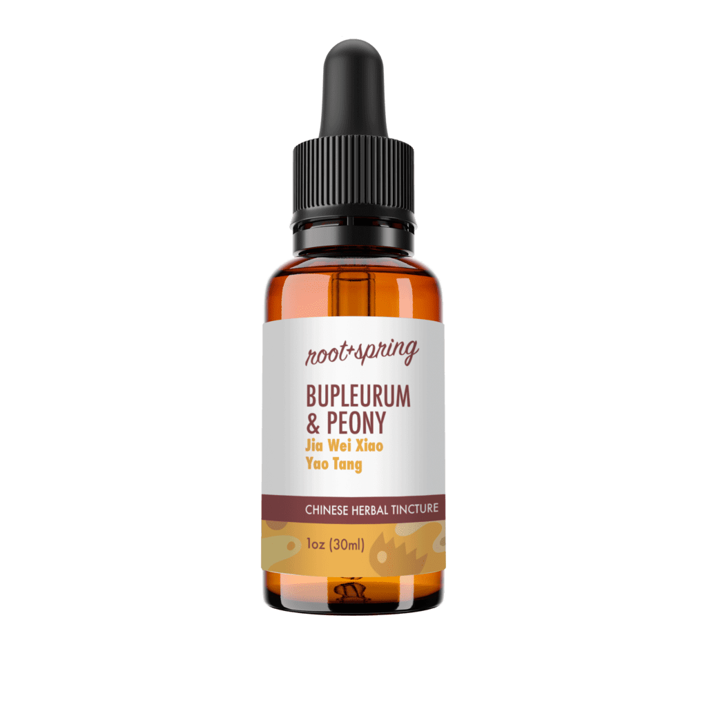 Image of eyedropper-top tincture bottle containing 1 fluid ounce (30 milliliters) of Bupleurum & Peony (Jia Wei Xiao Yao Tang) by root + spring.