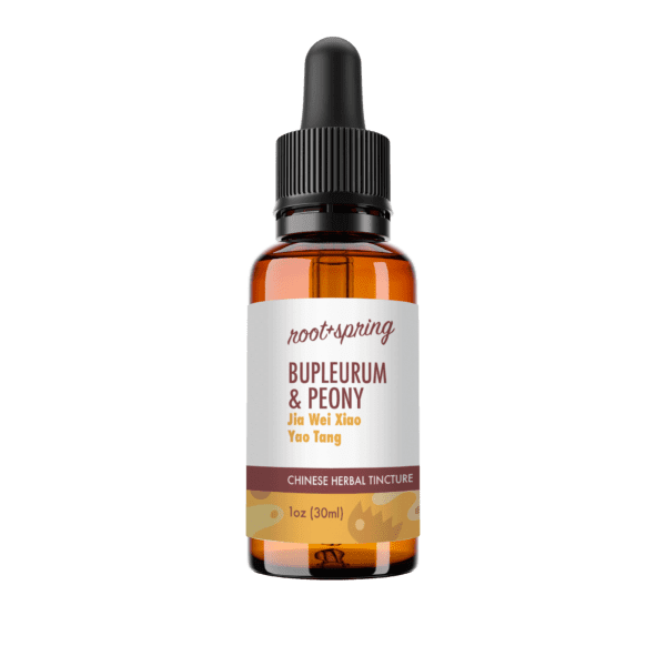 Eyedropper-top tincture bottle containing 1 fluid ounce (30 milliliters) of Bupleurum & Peony (Jia Wei Xiao Yao Tang) by root + spring.