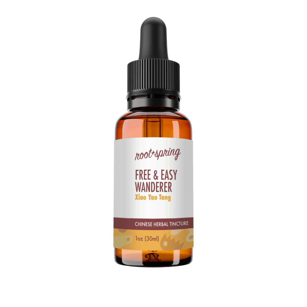 image of eyedropper-top tincture bottle containing 1 fluid ounce (30 milliliters) of Free & Easy Wanderer (Xiao Yao Tang) by root + spring.