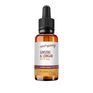 Eyedropper-top tincture bottle containing 1 fluid ounce (30 milliliters) of Ginseng & Longan (Gui Pi Tang) by root + spring.