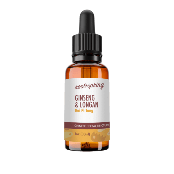 Eyedropper-top tincture bottle containing 1 fluid ounce (30 milliliters) of Ginseng & Longan (Gui Pi Tang) by root + spring.