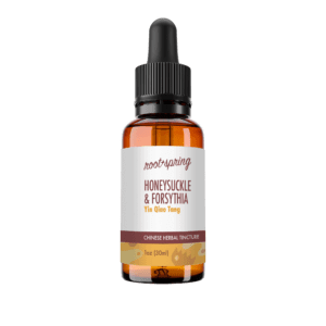 Eyedropper-top tincture bottle containing 1 fluid ounce (30 milliliters) of Honeysuckle & Forsythia (Yin Qiao Tang) by root + spring.