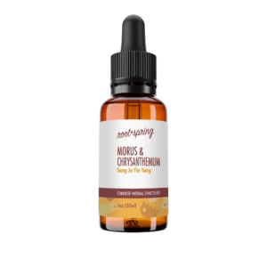 Eyedropper-top tincture bottle containing 1 fluid ounce (30 milliliters) of Morus & Chrysanthemum (Sang Ju Yin Tang) by root + spring.