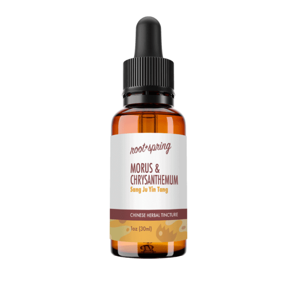 Eyedropper-top tincture bottle containing 1 fluid ounce (30 milliliters) of Morus & Chrysanthemum (Sang Ju Yin Tang) by root + spring.