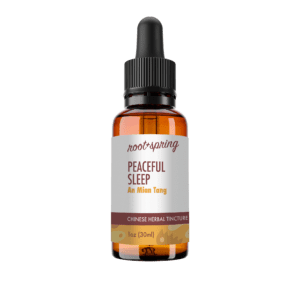 Eyedropper-top tincture bottle containing 1 fluid ounce (30 milliliters) of Peaceful Sleep (An Mian Tang) by root + spring.