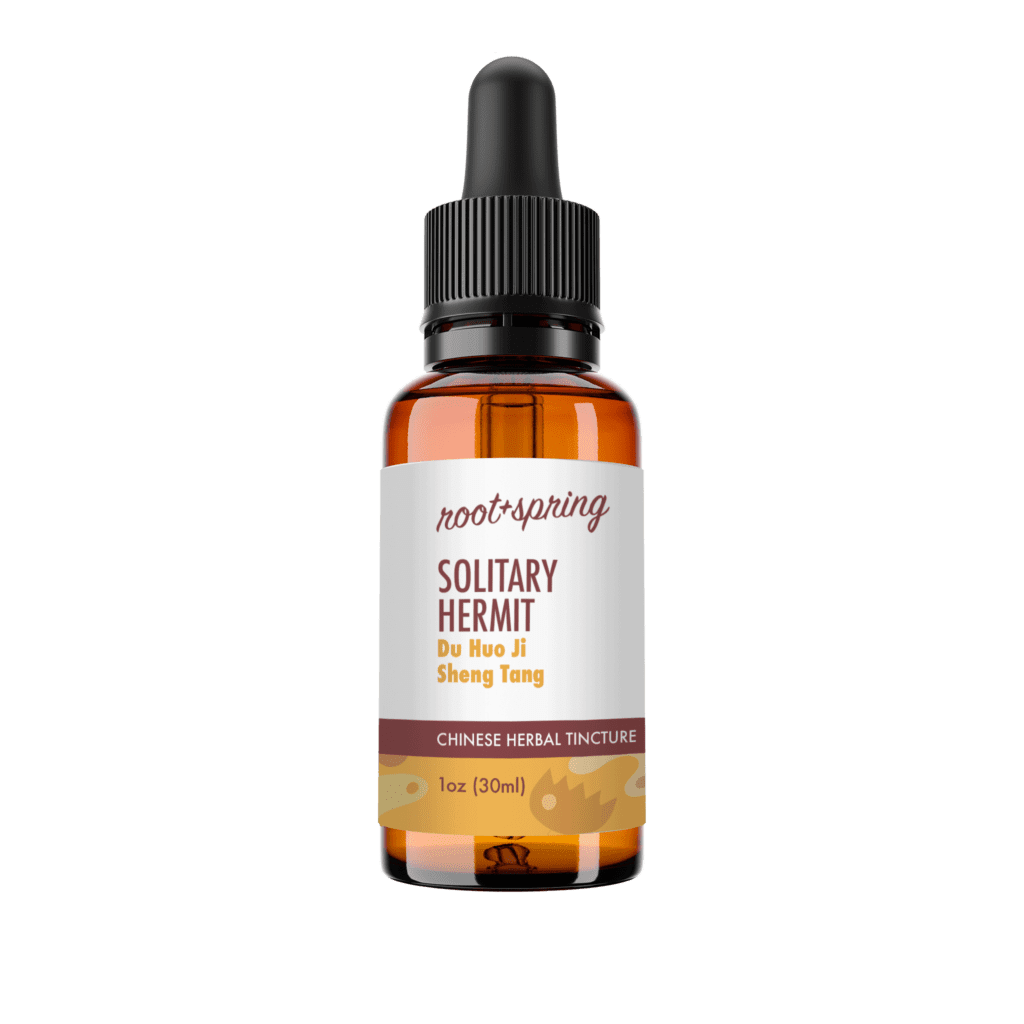 Image of eyedropper-top tincture bottle containing 1 fluid ounce (30 milliliters) of Solitary Hermit (Du Huo Ji Sheng Tang) by root + spring.