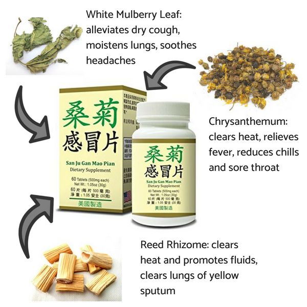 Key ingredients are white mulberry leaf, chrysanthemum, and reed rhizome.