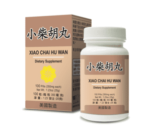 Bottle of 100 pills of Lao Wei's Xiao Chai Hu Wan Dietary Supplement, English and Chinese text.