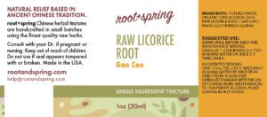 Image of Raw Licorice Root Tincture by Root + Spring label with ingredients, suggested use, directions, and precautions.