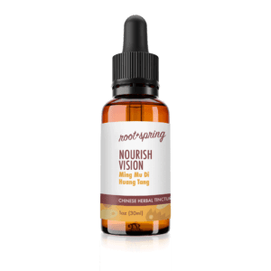 Eyedropper-top tincture bottle containing 1 fluid ounce (30 milliliters) of Nourish Vision (Ming Mu Di Huang Wan) by root + spring.