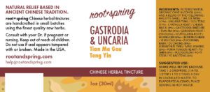 Image of Gastrodia_Uncaria Tincture by Root + Spring label with ingredients, suggested use, directions, and precautions.