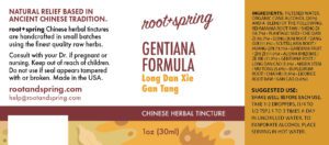 Image of Gentiana_Formula Tincture by Root + Spring label with ingredients, suggested use, directions, and precautions.