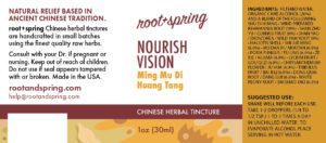 Image of Nourish_Vision Tincture by Root + Spring label with ingredients, suggested use, directions, and precautions.