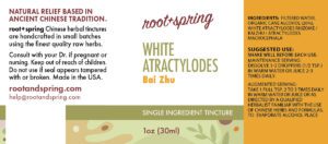 Image of White_Atractylodes Tincture by Root + Spring label with ingredients, suggested use, directions, and precautions.