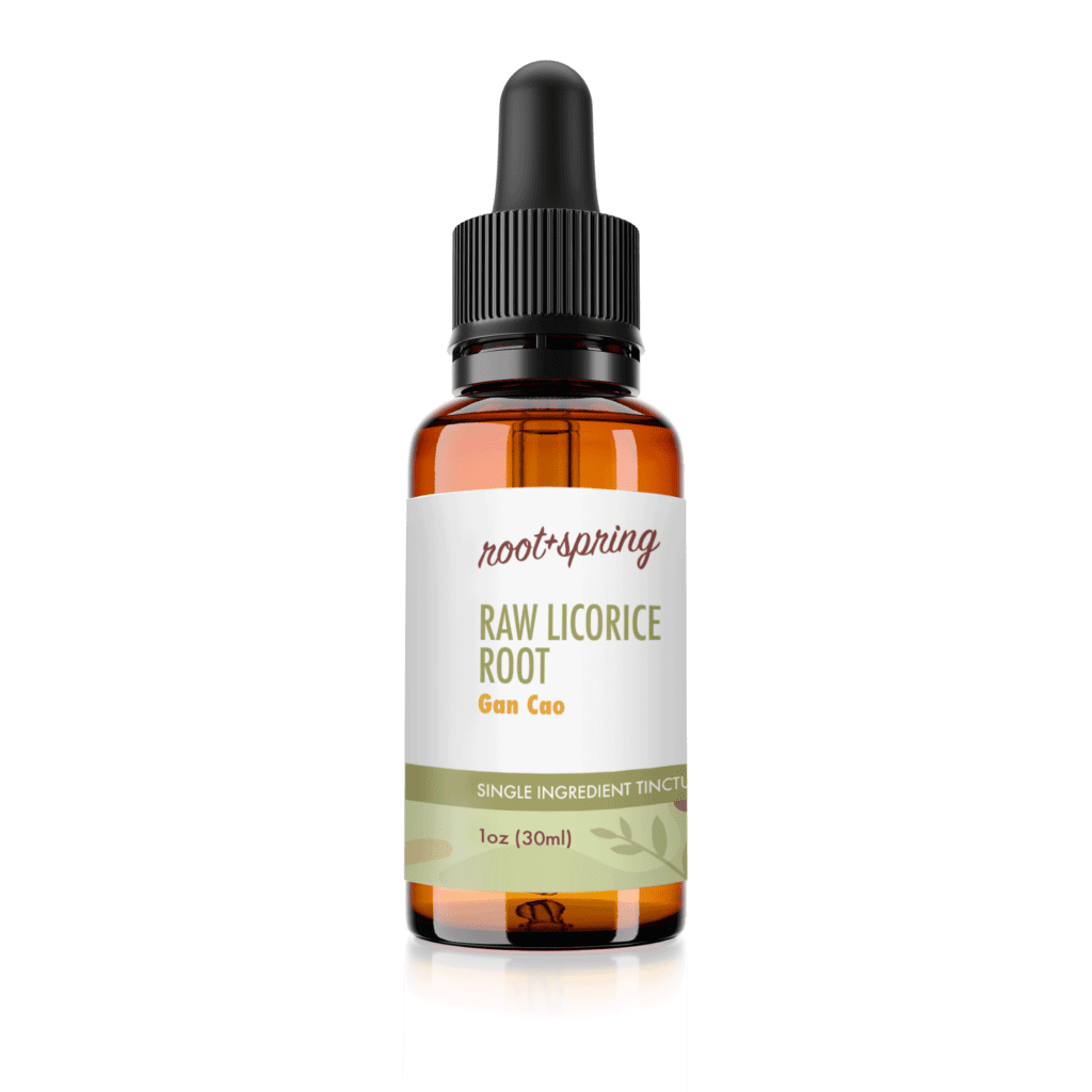 Image of Eyedropper-top tincture bottle containing 1 fluid ounce (30 milliliters) of Raw Licorice Root (Gan Cao) by root + spring.