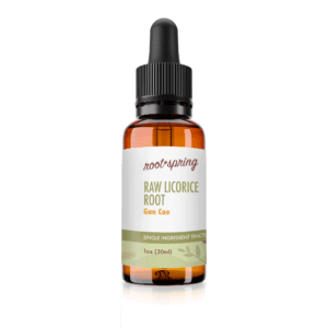 Eyedropper-top tincture bottle containing 1 fluid ounce (30 milliliters) of Raw Licorice Root (Gan Cao) by root + spring.