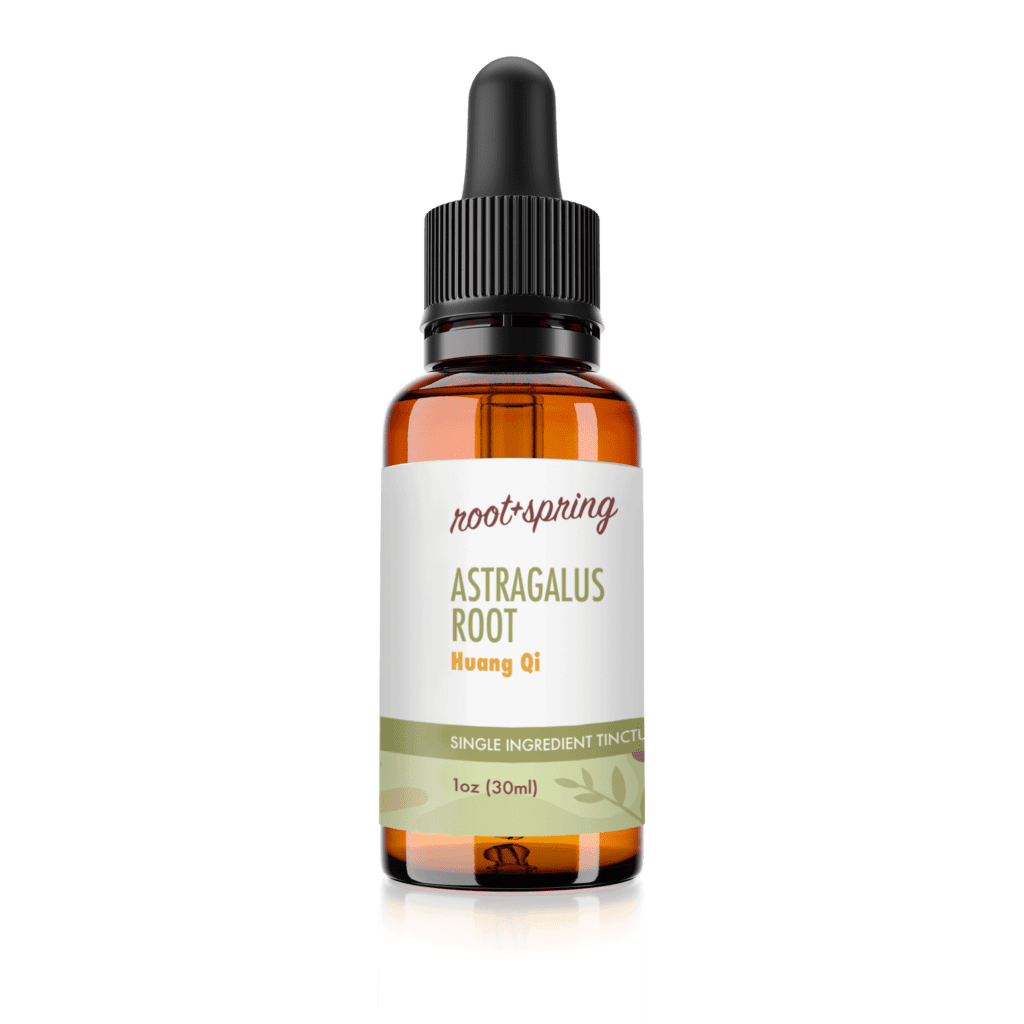 Image of eyedropper-top tincture bottle containing 1 fluid ounce (30 milliliters) of Astragalus Root (Huang Qi) by root + spring.