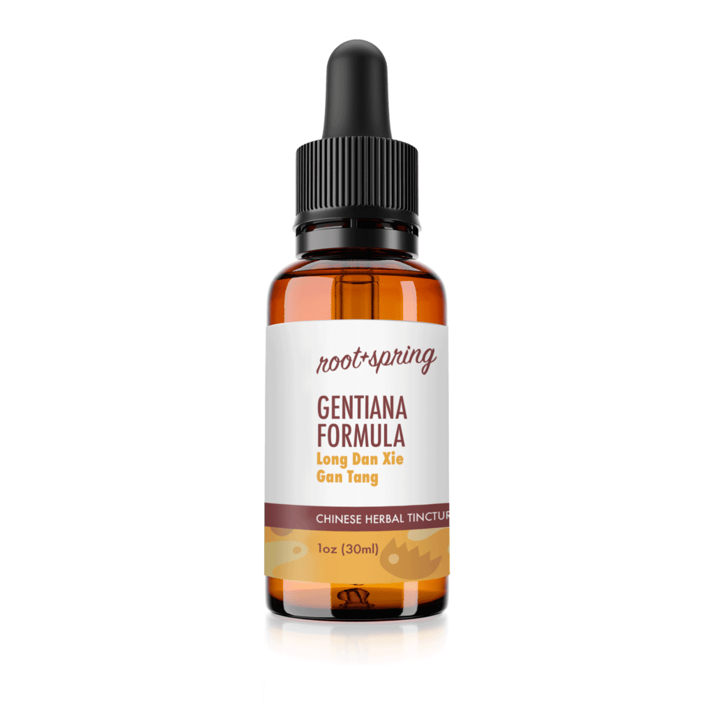 Image of Eyedropper-top tincture bottle containing 1 fluid ounce (30 milliliters) of Geniana Formula (Long Dan Xie Gan Tang) by root + spring.