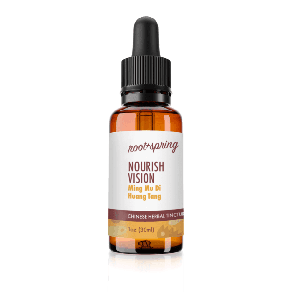 Eyedropper-top tincture bottle containing 1 fluid ounce (30 milliliters) of Nourish Vision (Ming Mu Di Huang Wan) by root + spring.