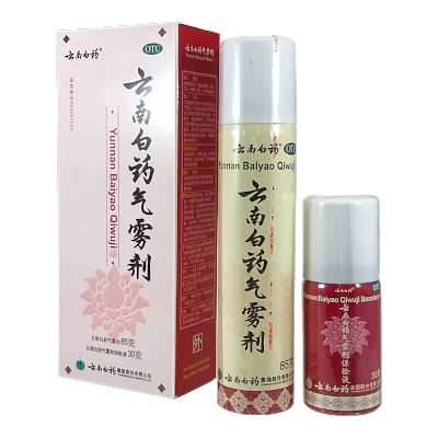 yunnan Baiyao Qiwuji spray, box with chinese characters, two bottles containg product