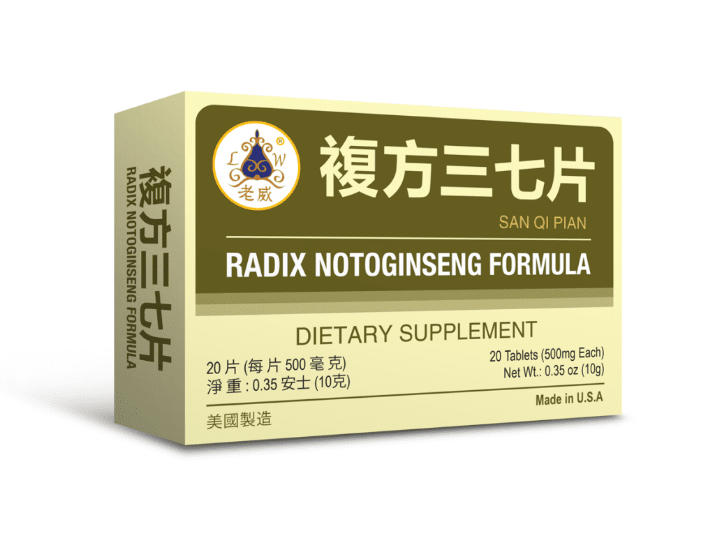 Image of Radix Notoginseng Formula box, 20 tablets, 500 milligrams each, english and chinese lettering