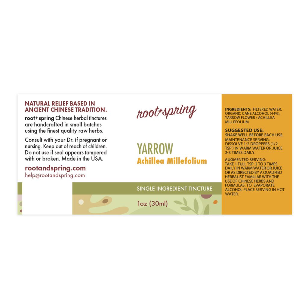 Image of root and spring yarrow liquid tincture, ingredients and suggested use
