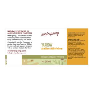 Image of root and spring yarrow liquid tincture, ingredients and suggested use