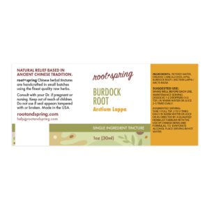 Image of root and spring burdock root liquid tincture, ingredients and suggested use