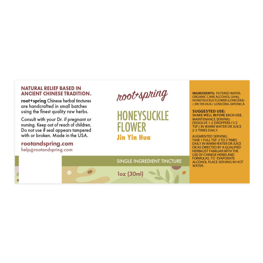 Image of root and spring honeysuckle flower liquid tincture, ingredients and suggested use