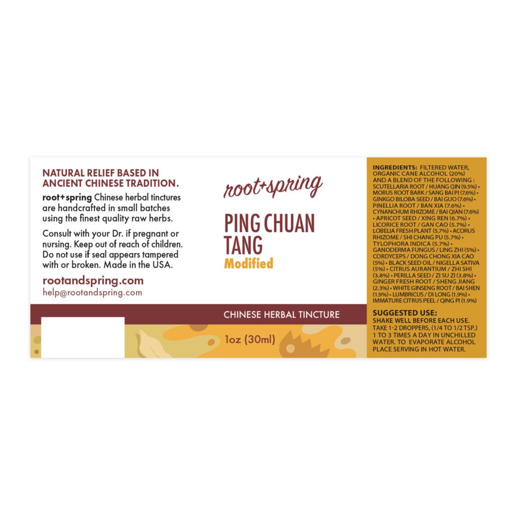 Image of root and spring ping chuan liquid tincture, ingredients and directions for use