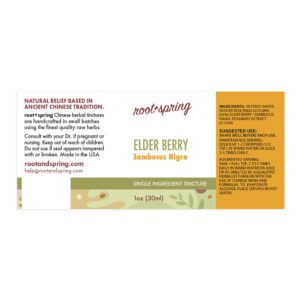 Image of root and spring elder berry liquid tincture, ingredients and directions for use
