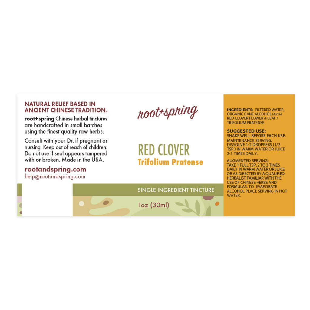 Image of root and spring red clover liquid tincture, ingredients and suggested use