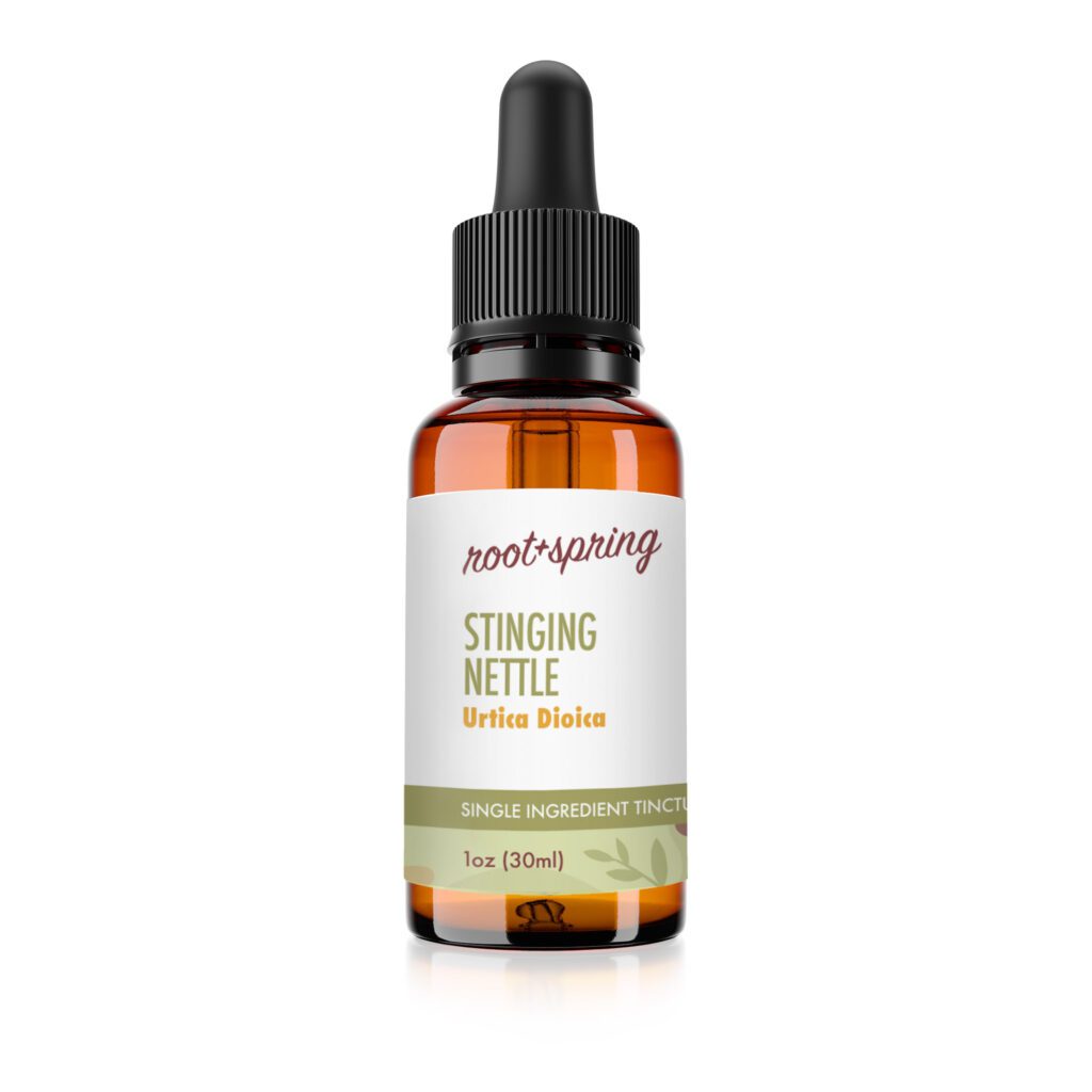 Image of root and spring stinging nettle tincture bottle, one ounce, thirty milliliters