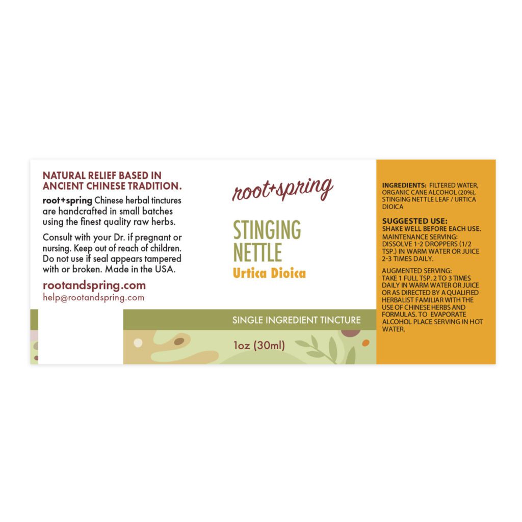Image of root and spring stinging nettles tincture label, ingredients and suggested use