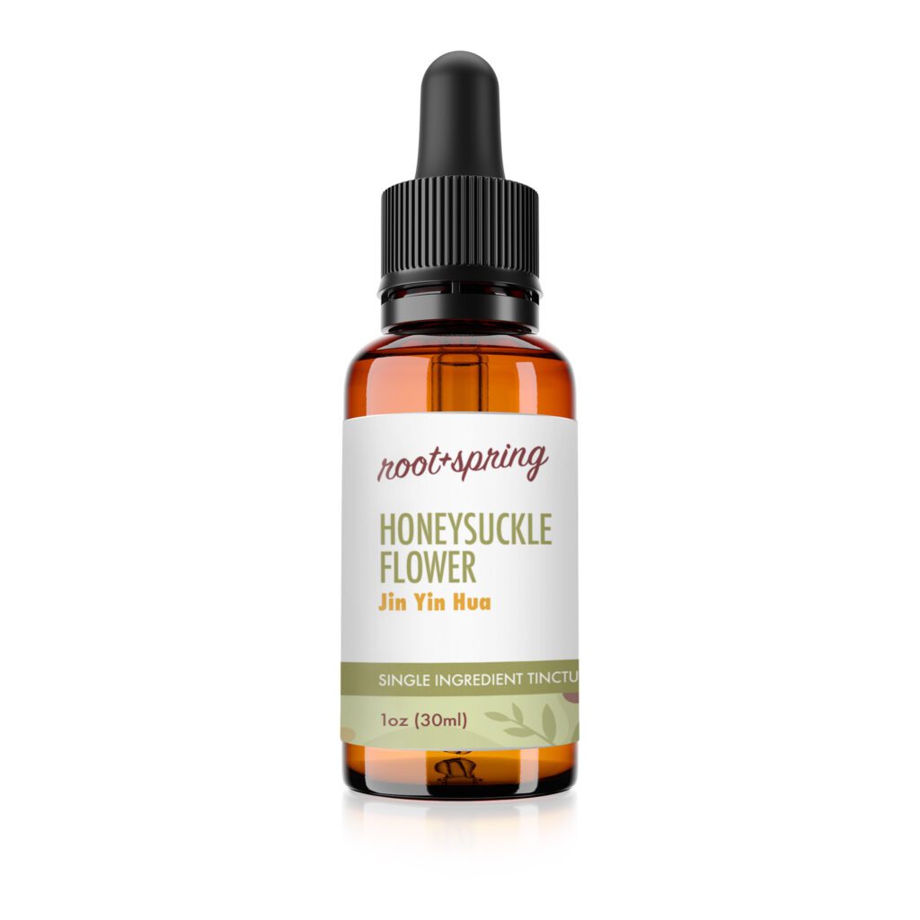 Image of root and spring honeysuckle flower liquid tincture bottle, one fluid ounce, thirty milliliters