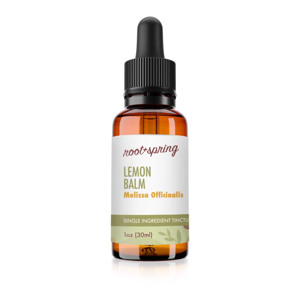 Image of root and spring lemon balm liquid tincture bottle, one fluid ounce, thirty milliliters