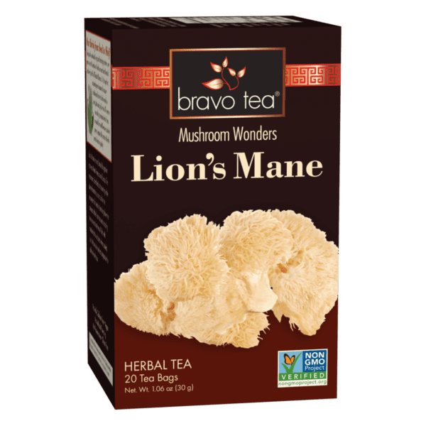 Lion's Mane tea by bravo, twenty teabags, thirty grams net weight