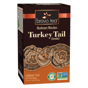 Turjey tail mushroom tea, net weight thirty grams, twenty tea bags per box