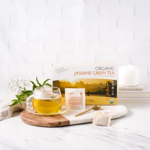 Image of the box and a cup of Prince of Peace Jasmine Green tea