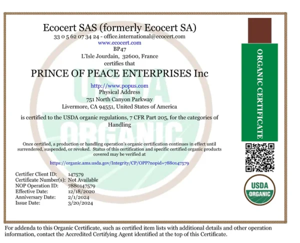 Image of the Prince of Peace Ecocert SAS certification