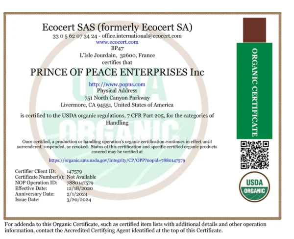 Image of the Prince of Peace Ecocert SAS certification