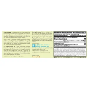 Image of the ingredients and brewing directions of the Prince of Peace Organic Green tea