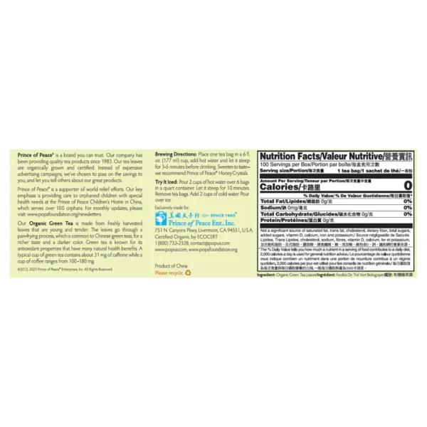 Image of the ingredients and brewing directions of the Prince of Peace Organic Green tea