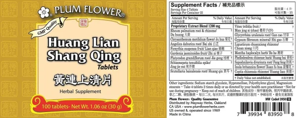 Ingerdient panel for the formula Huang Lian Shang Qing