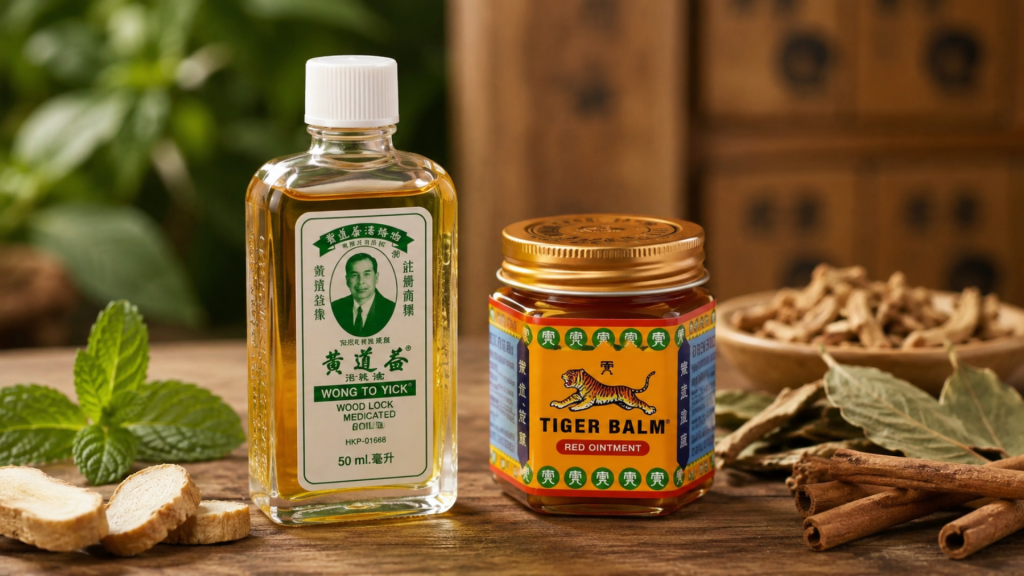 Wood Lock Oil and Tiger Balm pain relief comparison with traditional herbal ingredients.
