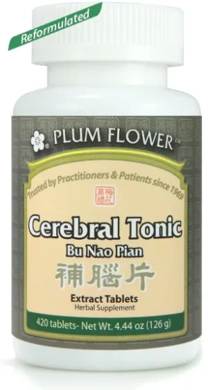Image of white bottle for Plum Flower's Cerebral Tonic or Bu Nao Pian with 420 Tablets.