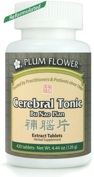 Image of white bottle for Plum Flower's Cerebral Tonic or Bu Nao Pian with 420 Tablets.
