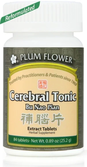 Image of white bottle for Plum Flower's Cerebral Tonic or Bu Nao Pian reformulated version 84 tablets.
